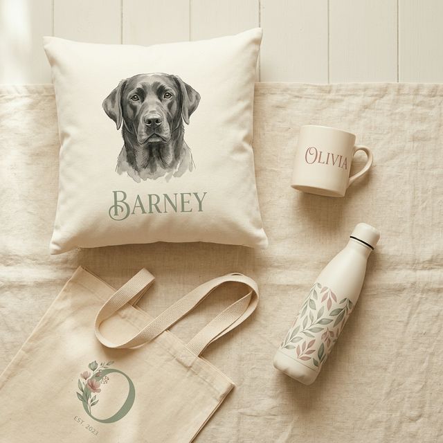 Personalised gifts flatlay — cushion, mug, water bottle and tote bag